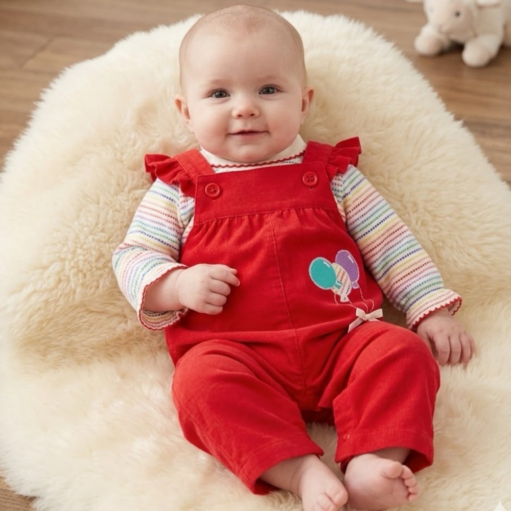 Health-Tex | Vintage 1980s Red Corduroy Baby Overall Set with Balloon Embroidery